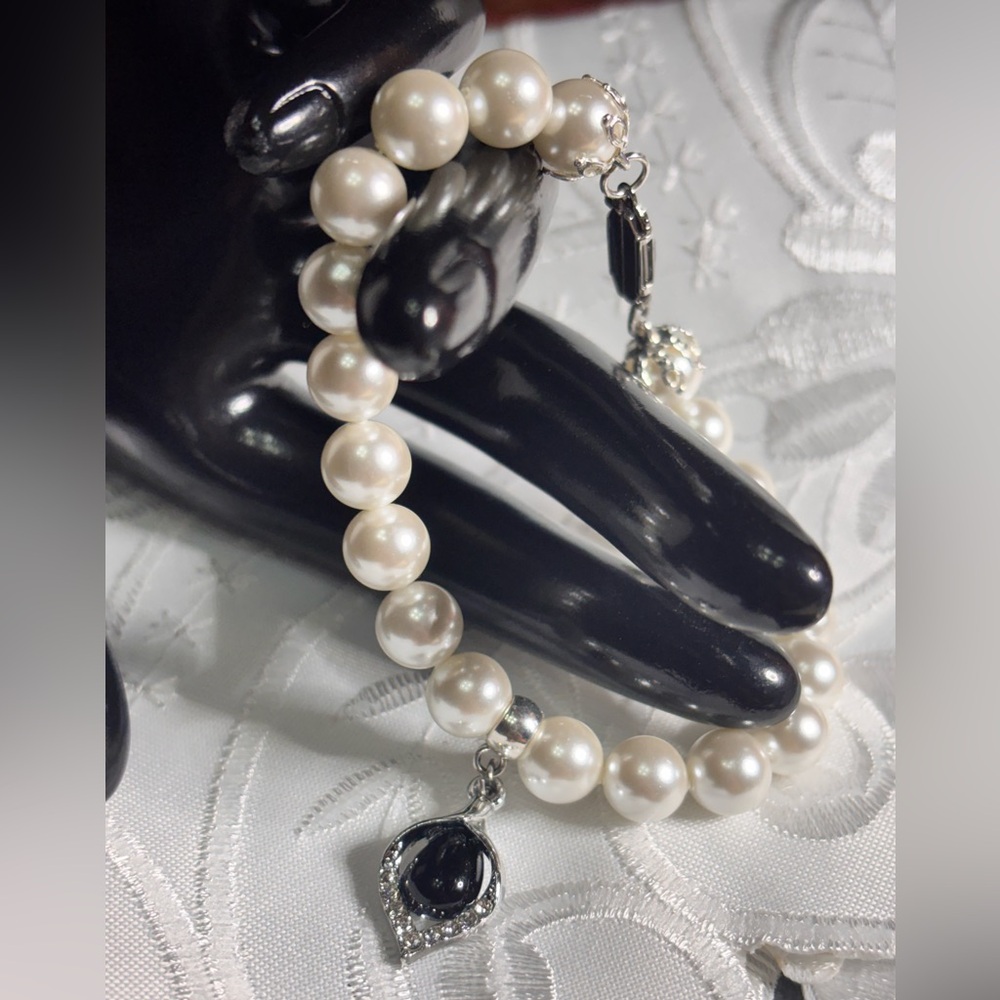 White Pearl Bracelet Pendant Black Silver and Rhinestones 7.5 inches